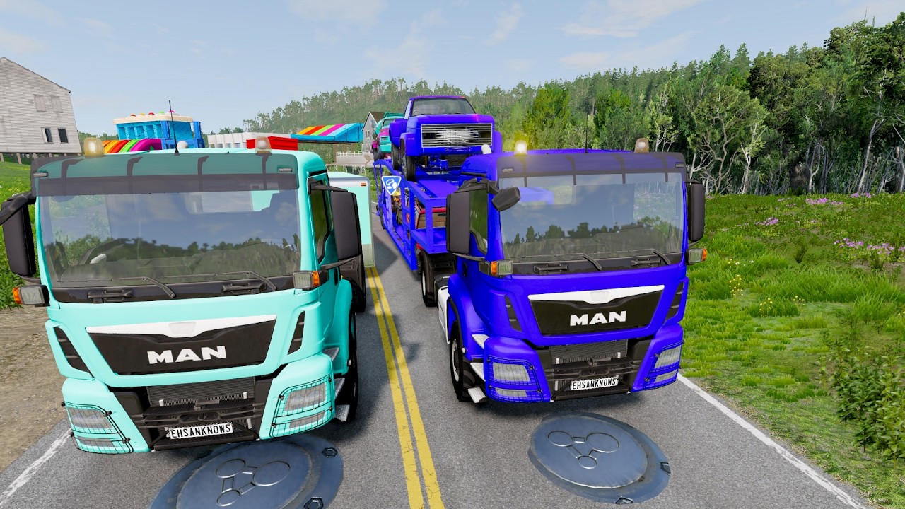TRANSPORTING PIXAR CARS & FRUITS WITH COLORED & JOHN DEERE vs CLAAS vs TRACTORS - BeamNG.drive #983