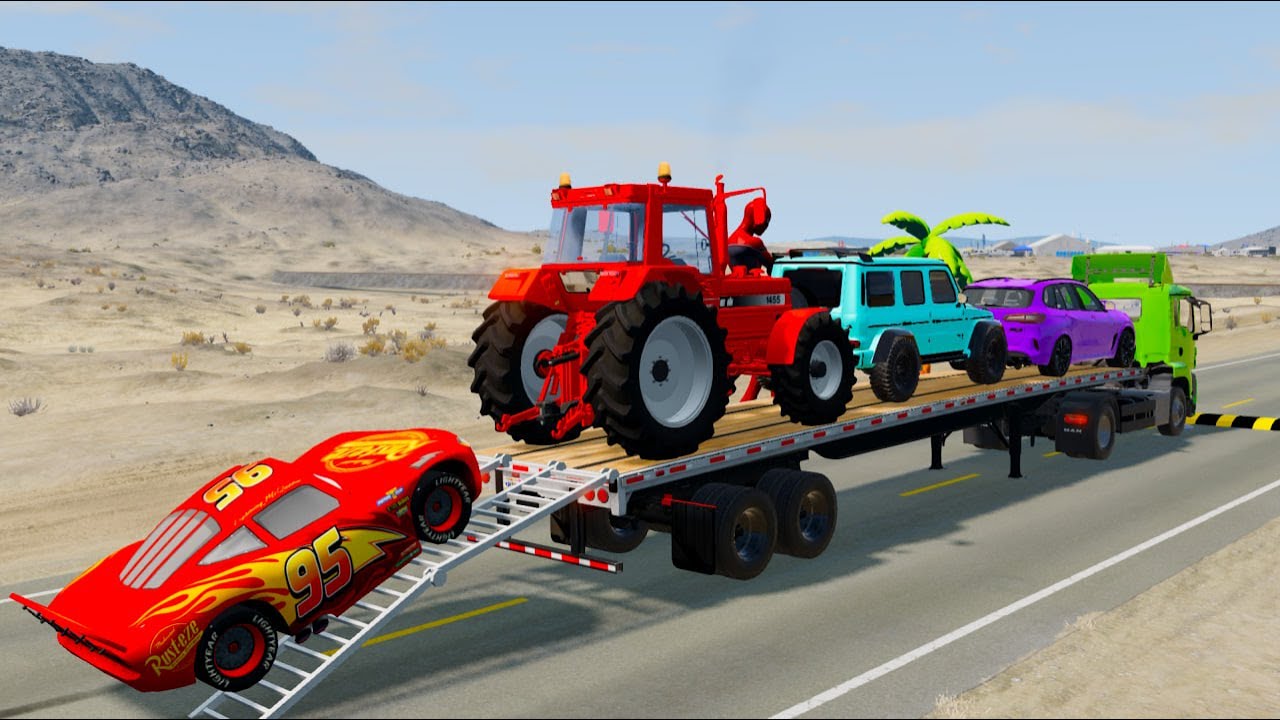 Triple Flatbed Trailer McQueen Transportation with Truck Speedbumps vs Cars vs Train BeamNG #2