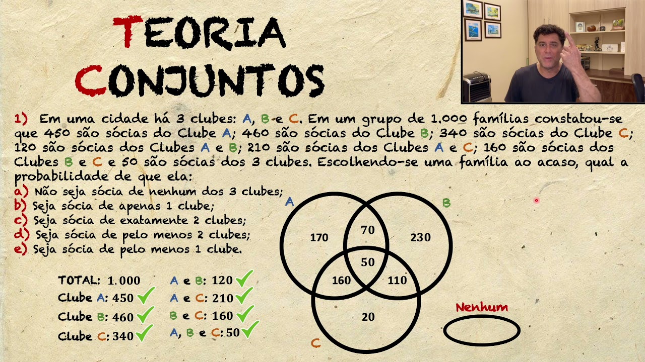 Teoria de Conjuntos -  Em uma cidade há 3 clubes: A, B e C. Em um grupo de 1.000 famílias constatou-