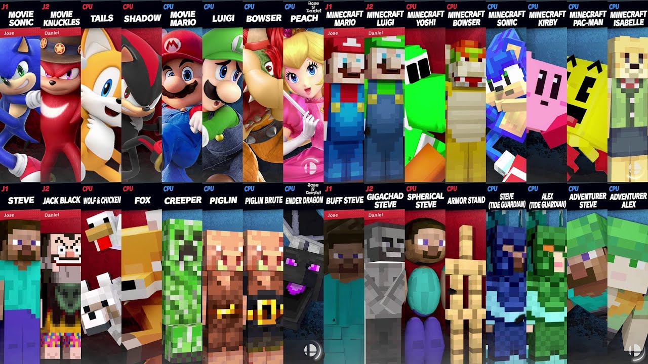Team Movie Sonic vs Mario Movie Team | Team Steve vs Ender Dragon Team in Super Smash Bros Ultimate