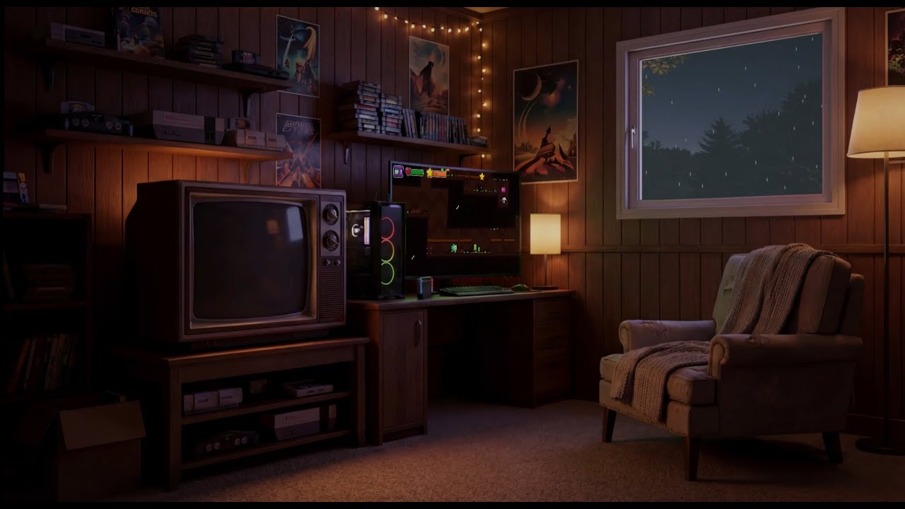 Rainy Night Gaming Room Ambience | 8 Hours | Relax, Sleep, Study