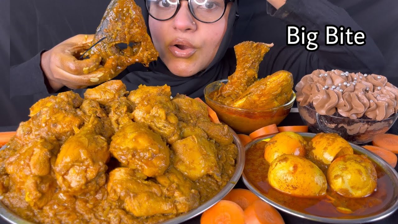 EATING RICE WITH CHICKEN CURRY,EGG CURRY,FISH CURRY,DESSERT || Food Videos