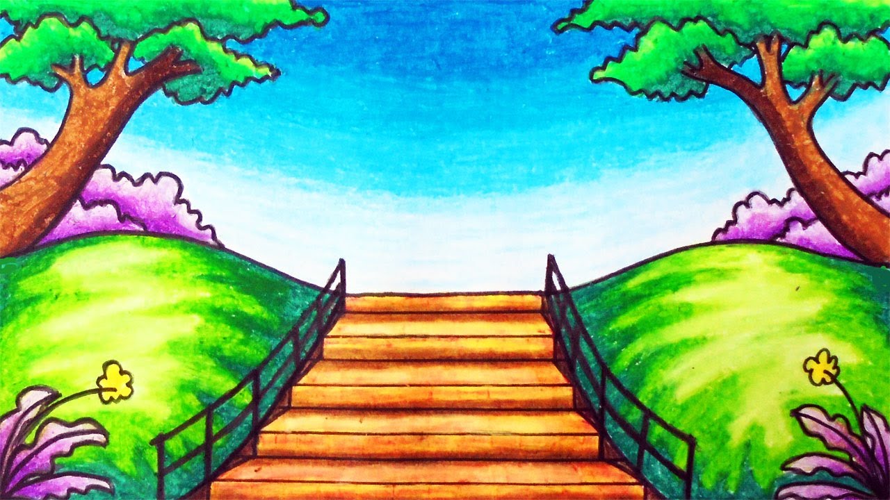 Easy Garden Scenery Drawing | How to Draw Scenery of Beautiful Park in the City