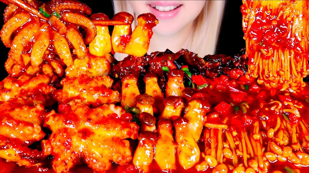 ASMR Острый осьминог и грибы Мукбанг | Звуки еды 🐙🍄