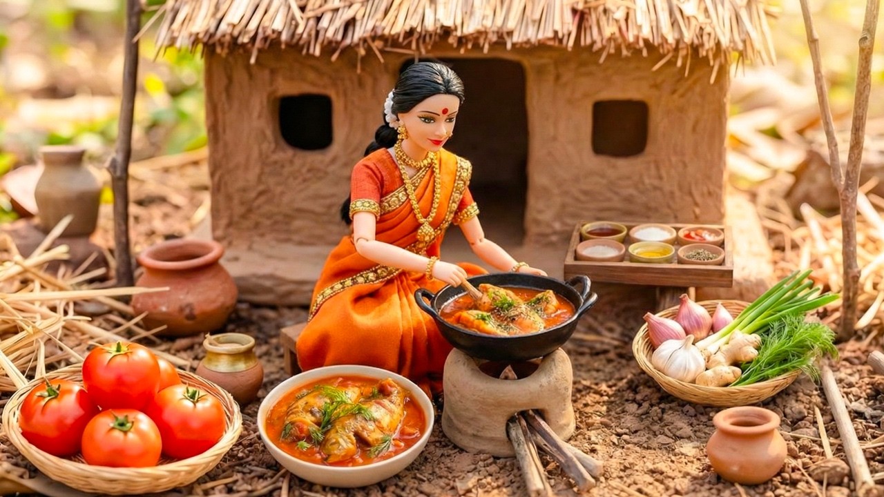 Miniature Doll Fish Tomato Curry & Roti Cooking ASMR | Indian Village Tiny Kitchen Story