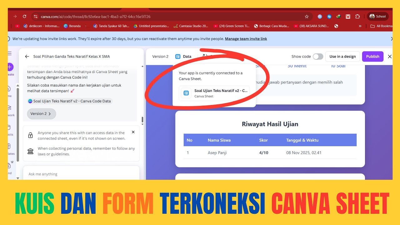 CARA MEMBUAT KUIS DAN FORMULIR TERKONEKSI KE CANVA SHEET