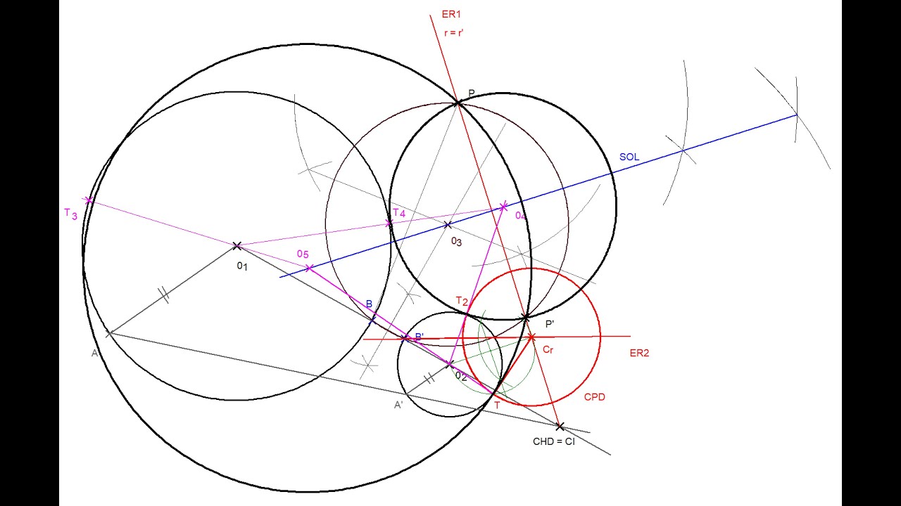 Circunferencia Tangente a dos circunferencias por punto exterior P.