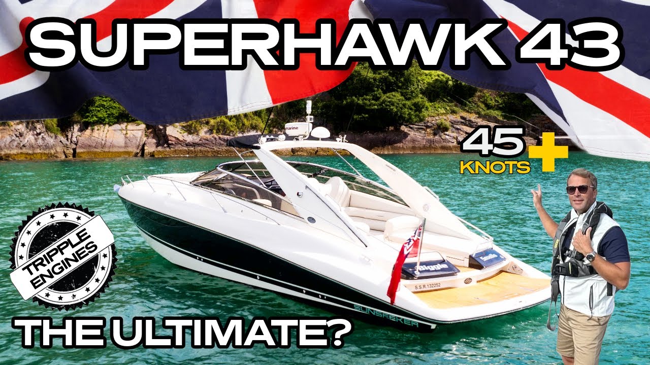 Sunseeker Superhawk 43 with 3 engines!! Walkthrough and Sea trial Video 45+KNOTS