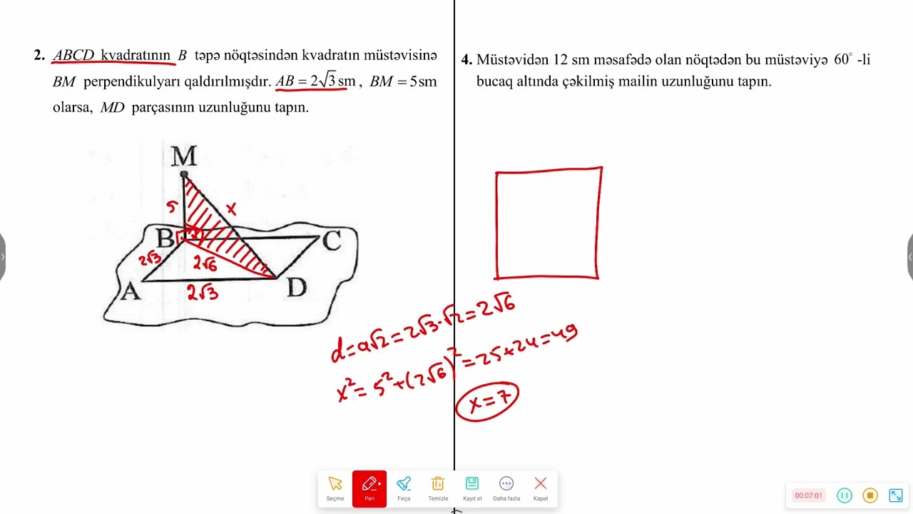 Fəzada Düz xətlər və  Müstəvi mövzusuna aid mövzu və test izahları