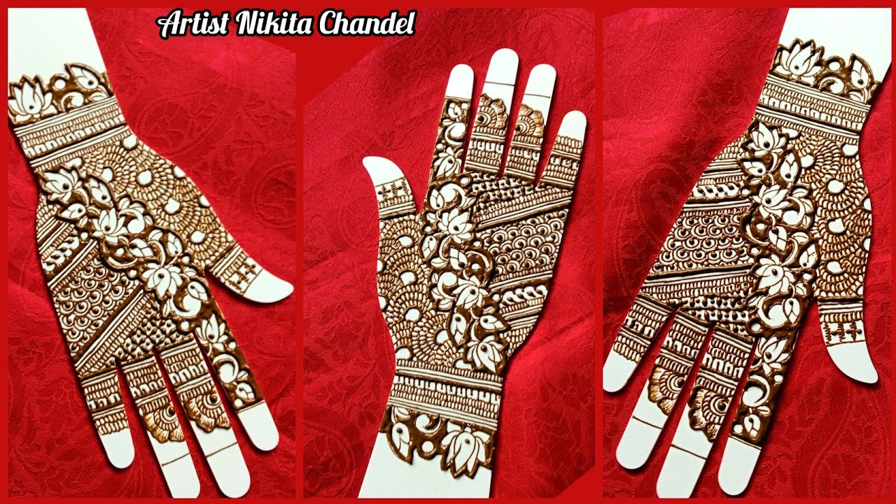 Bharwa mehndi design with lotus cutwork | semi bridal siders mehndi desi