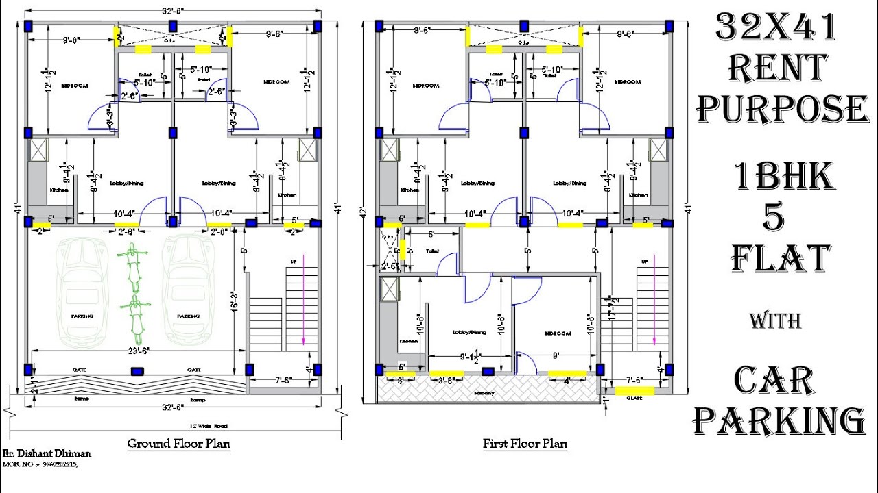 32x41 FEET RENT PURPOSE HOUSE PLAN 1BHK 5 FLAT WITH CAR PARKING KIRAYE PAR DENE KE LIE