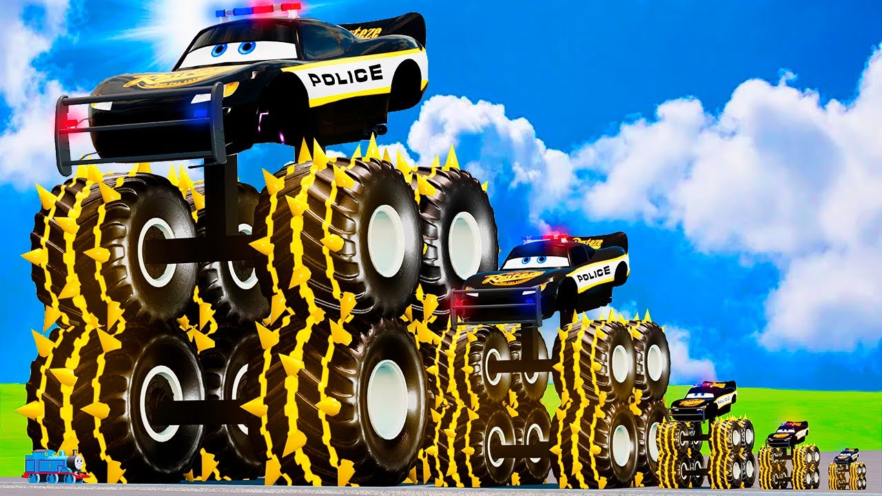 Big & Small Police Lightning McQueen Spiked Thorns Glow Stripes Monster Truck vs Trains BeamNG.drive