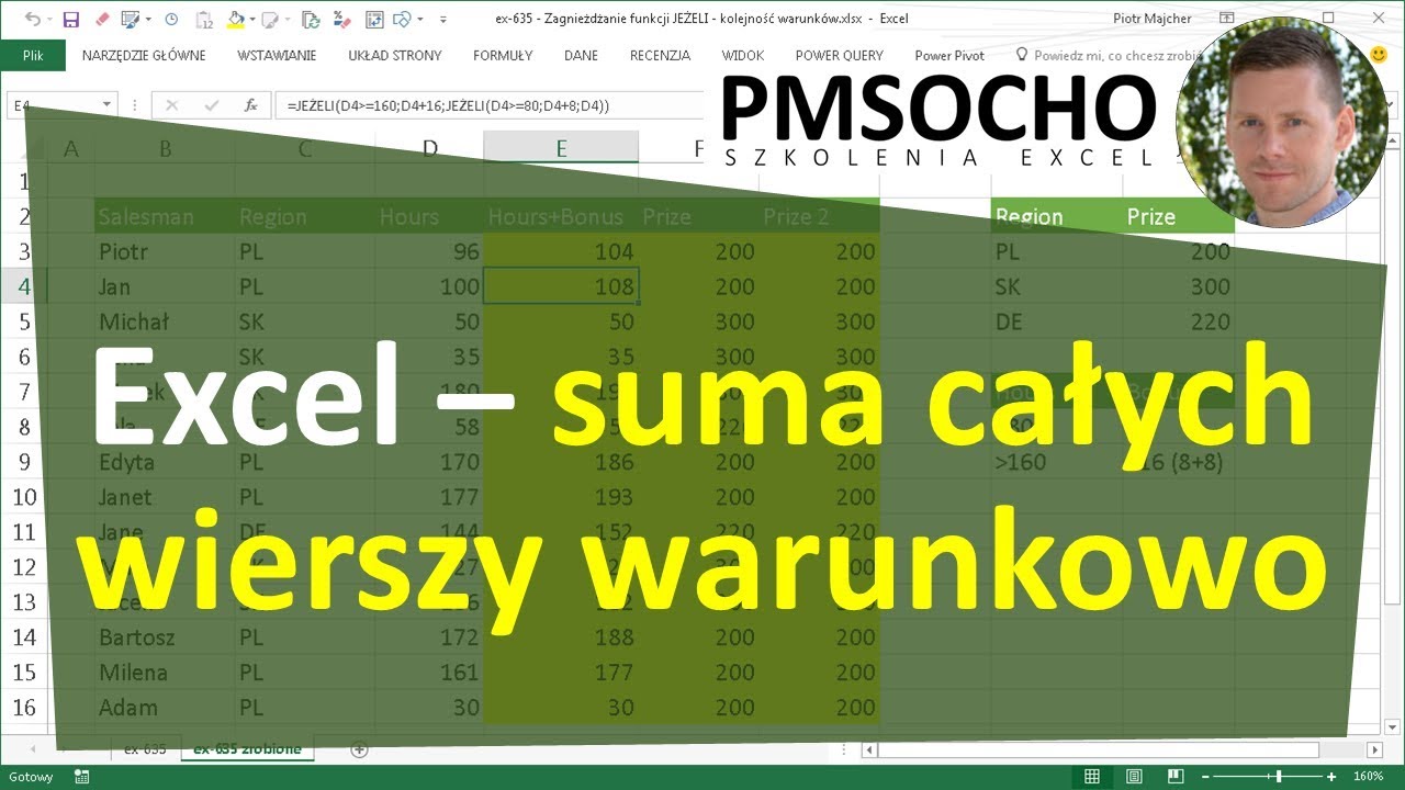 Excel - Sumowanie całych wierszy warunkowo [odc.805]