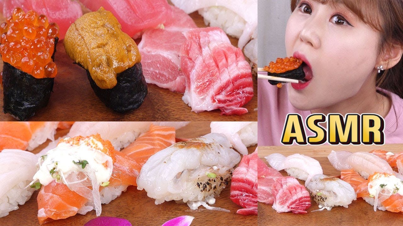 ASMR｜우니, 연어알, 오도로, 엔가와 등 모듬 스시와 일본 야끼소바 컵라면에 아사히 맥주 한잔!! Mukbang!