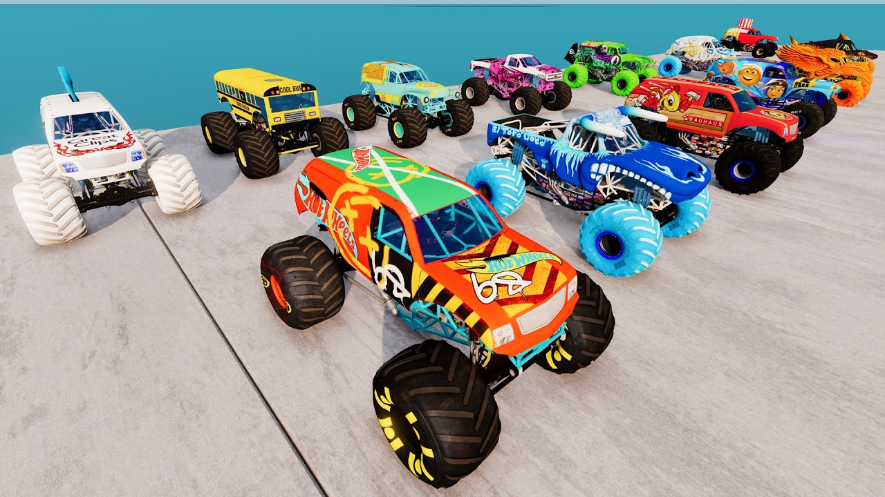 BeamNG Monster Trucks vs Downhill and Pool Water Slide & High Speed Jumps and Crashes