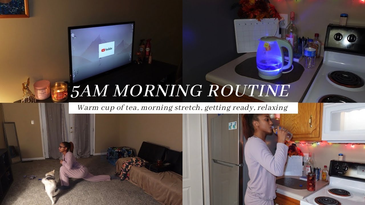 5AM SLOW MORNING ROUTINE ☕️| Cozy Tea, Stretching & Calm Before Work🧘🏽‍♀️