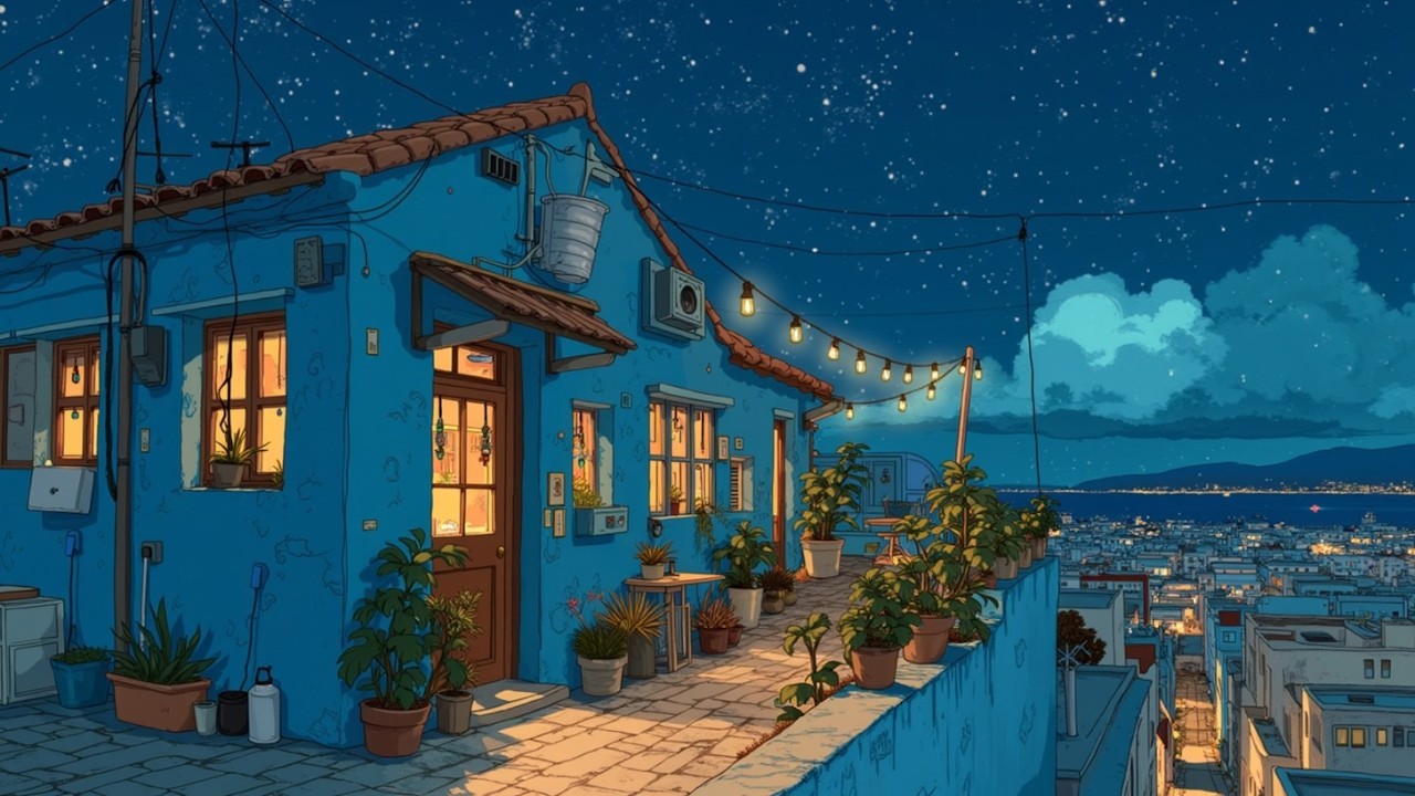 Starry Night Lofi 🌃 Cozy Rooftop Beats & Anime City Ambience for Deep Focus and Relaxing Sleep