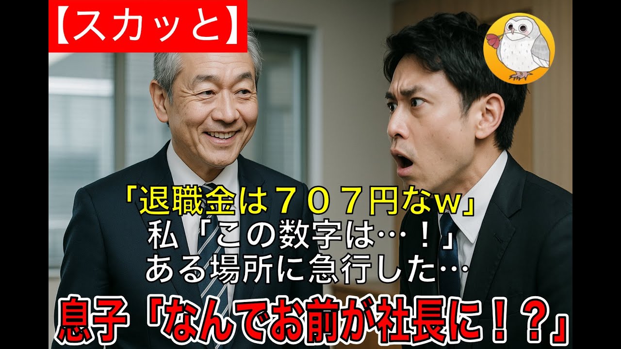 【スカッと】社長が急逝し新社長に就任した息子「４０年社畜お疲れw退職金は７０７円なw」私「この数字は…！」ある場所に急行した…翌日息子「なんでお前が社長に！？」
