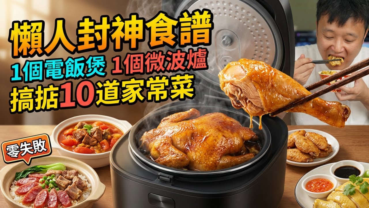 懶人做飯天花板教程！1個電飯煲+微波爐搞掂13道家常菜：海南雞飯、焗雞、臘味飯、雞翼、炆牛腩全包了！