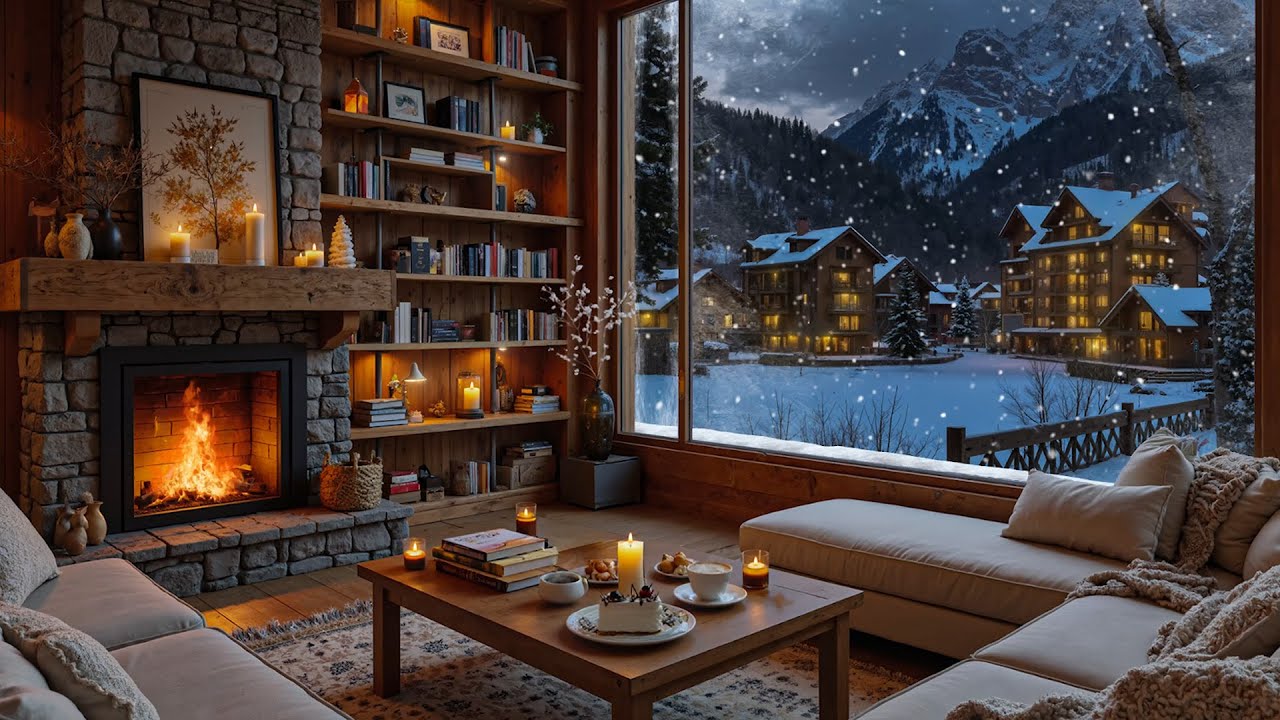 Cozy Jazz Coffee Shop Ambience ❄️ Snowy Mountain Cabin View with Fireplace Sounds for Focus