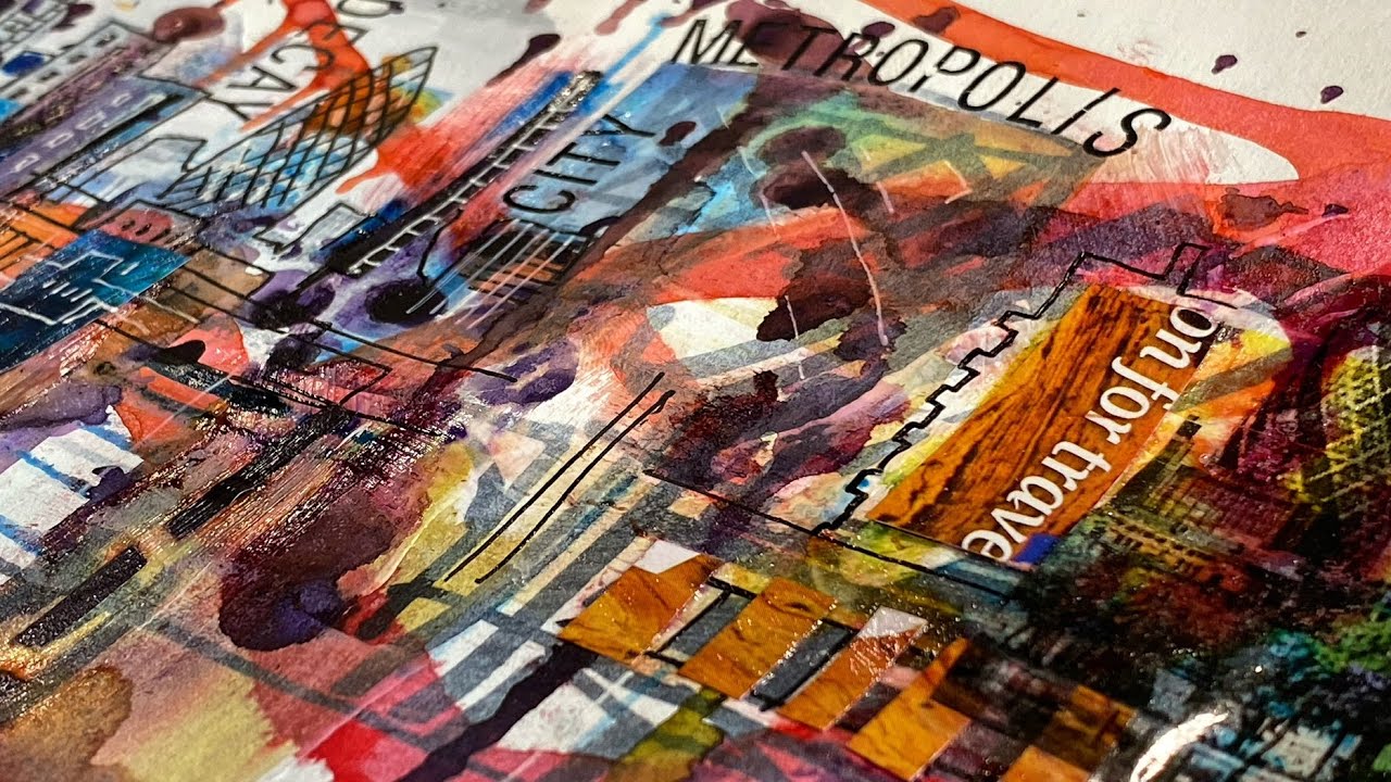 EXPERIMENTING with INKS and COLLAGE ART-[How to create an ABSTRACT landscape]