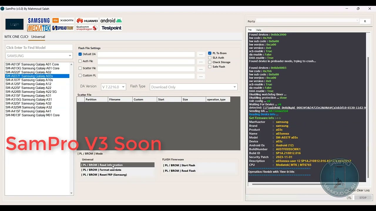 SamPro v3 SM-A037F A03S  Reset FRP Without TestPoint Latest Security 2023-11-01