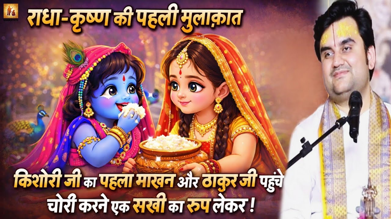 किशोरी जी का पहला माखन और ठाकुर जी की चोरी। राधा-कृष्ण की पहली मुलाक़ात @BhaktiPath @Bhagwatpath_1 
