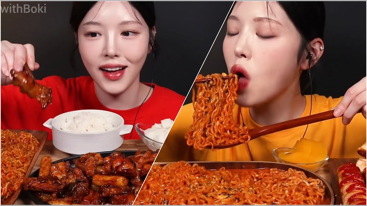 Mukbang mukbang spicy jjapagetti fried chicken & giants sausage big bites asmr compilation voll 34