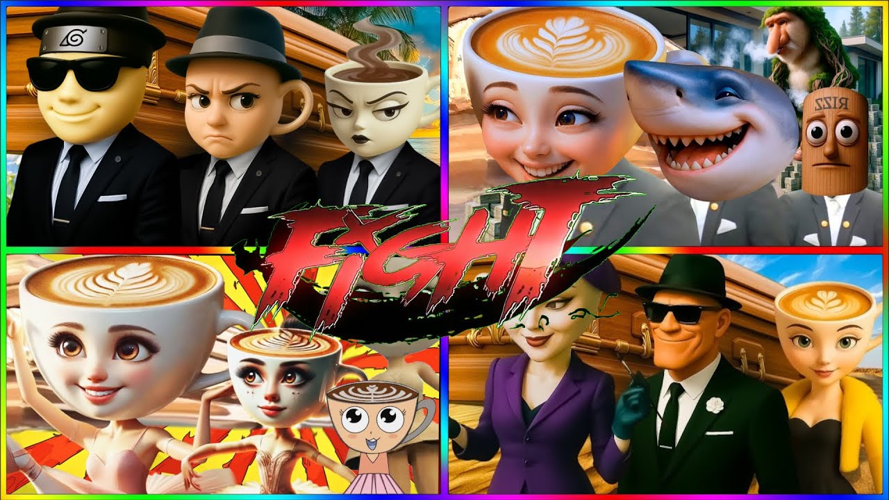 Coffee Cup Girl vs Shark & Mafia Team  Crazy Cartoon Battle!-TilesHopEdmRush!