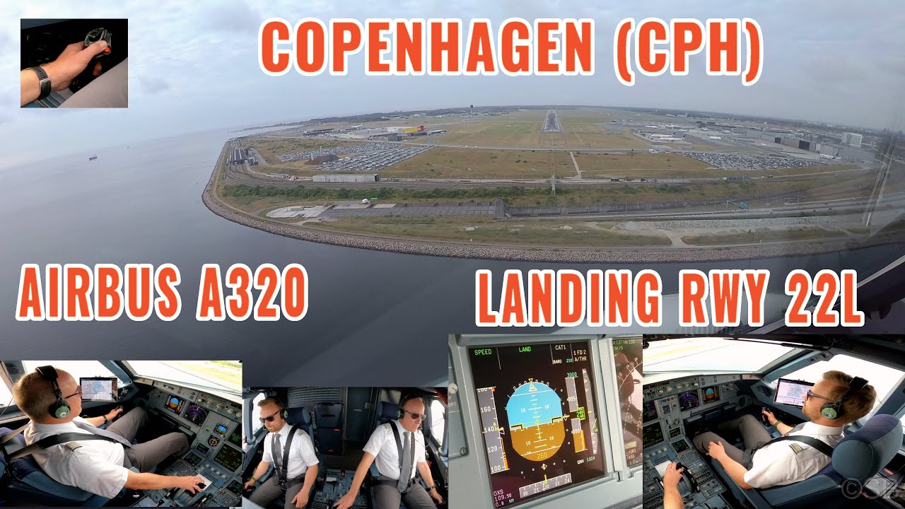 Копенгаген (CPH) | Дания | Заход на посадку и посадка на ВПП 22L | Пилоты Airbus + виды из кабины...