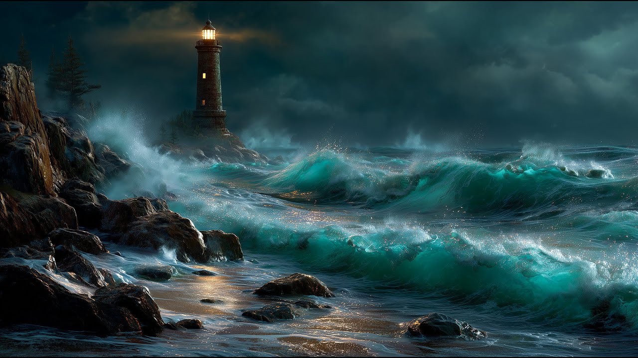 Lighthouse in the Storm &ndash; 1 Hour Cinematic Night Sea Ambience (Moody, Waves, Atmospheric)