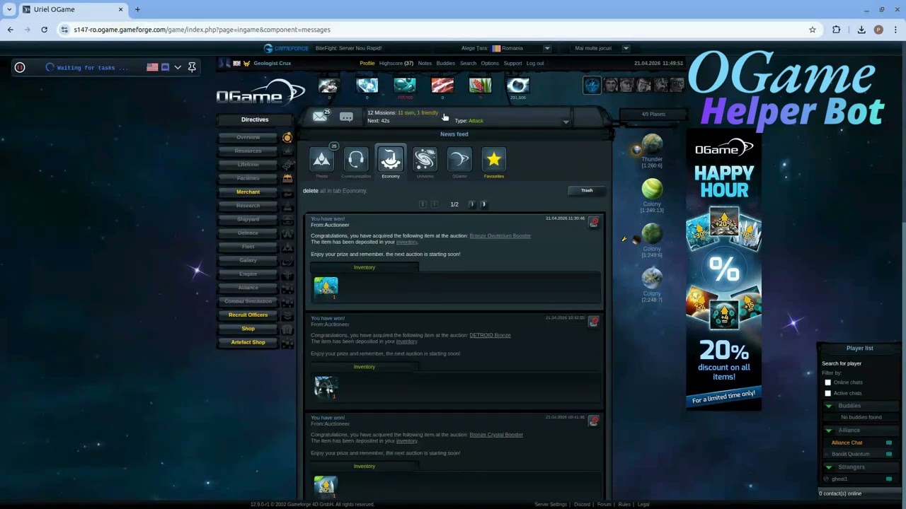 OGame Helper Bot 2026 | Auction bid & Inactive Players Farm