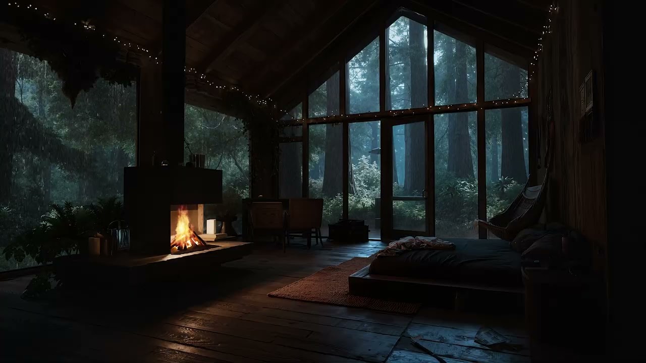 Cabin in The Rainforest Ambience | Fireplace in Cozy Cabin with Rain Sounds