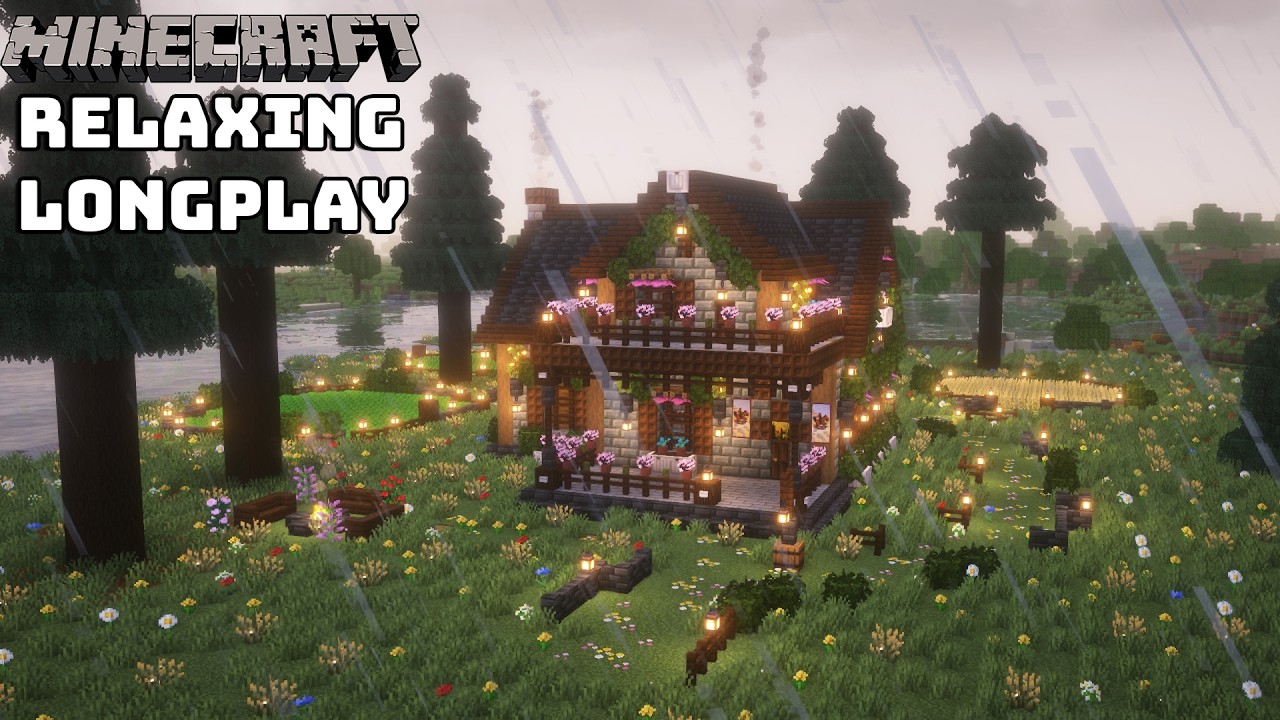Minecraft Relaxing Longplay Rainy Day Cozy Build Cottage House - No Commentary