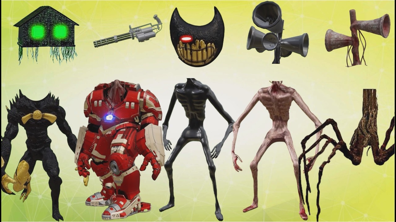 WRONG HEAD HOUSE HEAD , SIREN GUN HEAD , SIREN BENDY , SIREN HEAD BLACK AND HULK BUSTER
