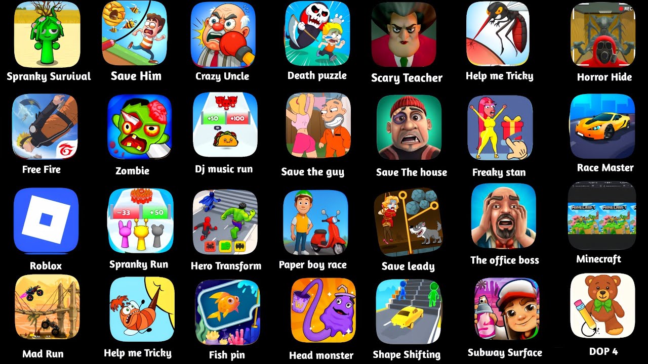 Spranky Survival,Spranky Run,Roblox,Minecraft,Save Him,Free Fire,Clue Hunter,Freaky Stan,Huggy Story