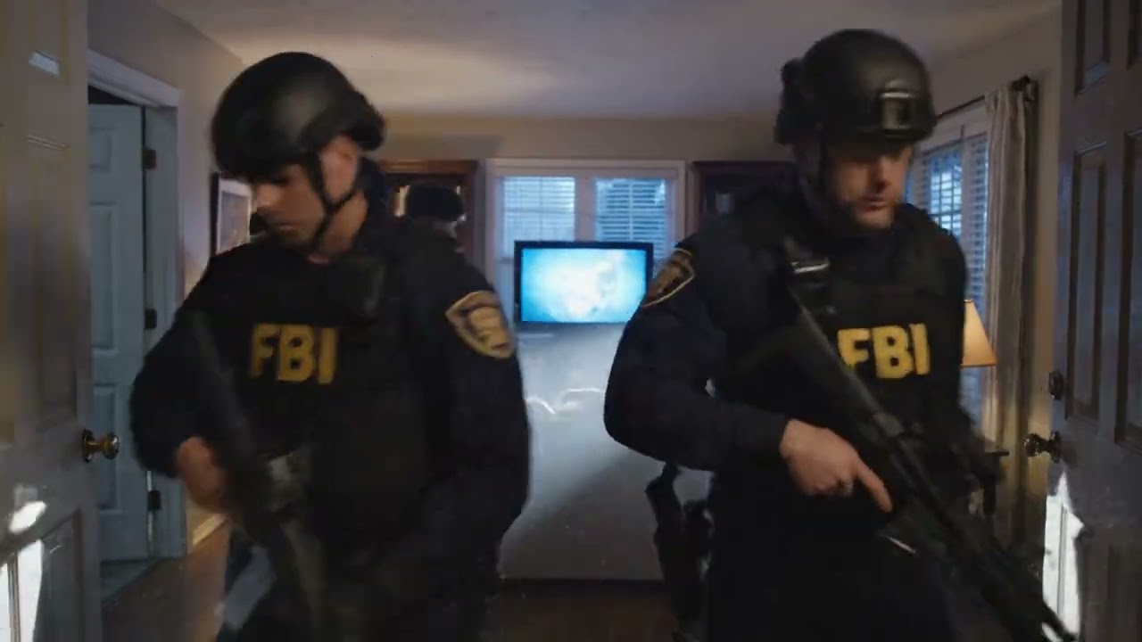 Cinematic scene of an FBI tactical team conducting a controlled entry into a house