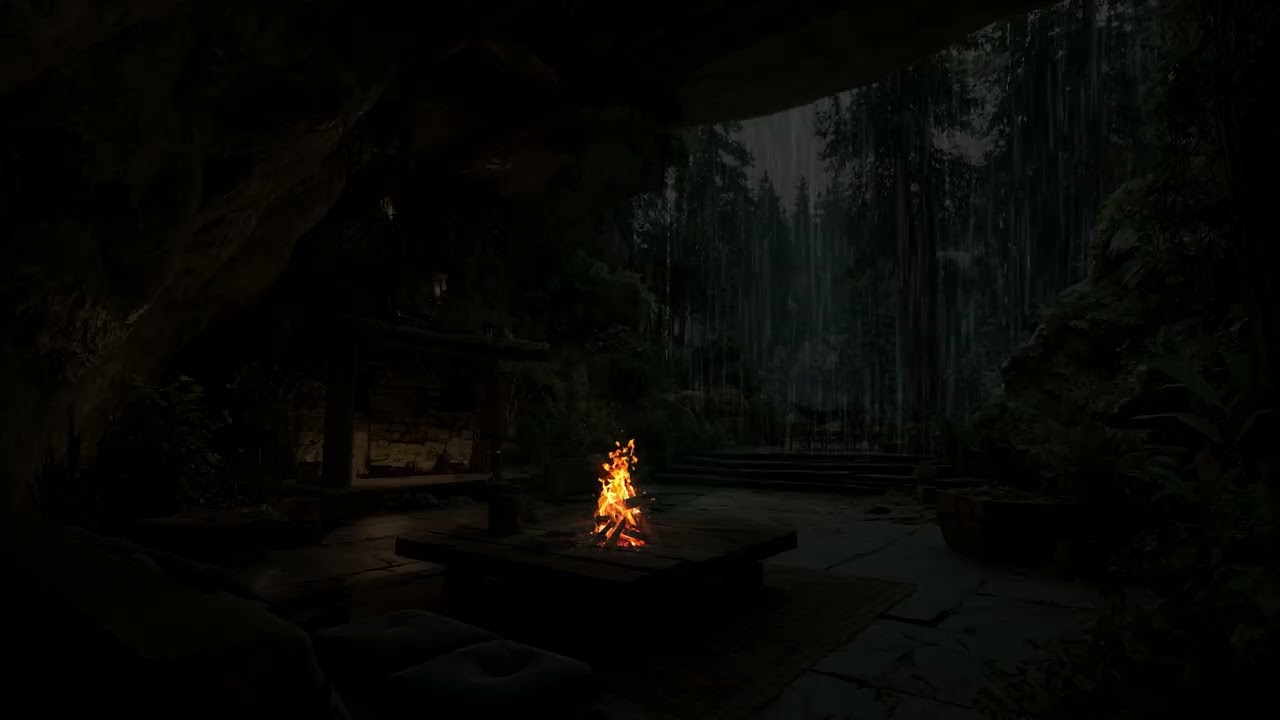 Vast Wilderness Immersed in Midnight Rain for Restful Sleep | Warm Fireplace Outdoor Sounds