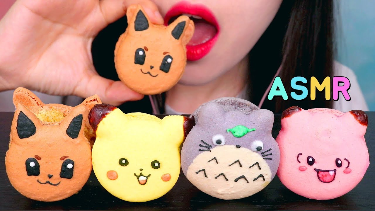 (SUB)ASMR Eating Cute Character MACARONS (SOFT EATING SOUNDS) NO TALKING MUKBANG
