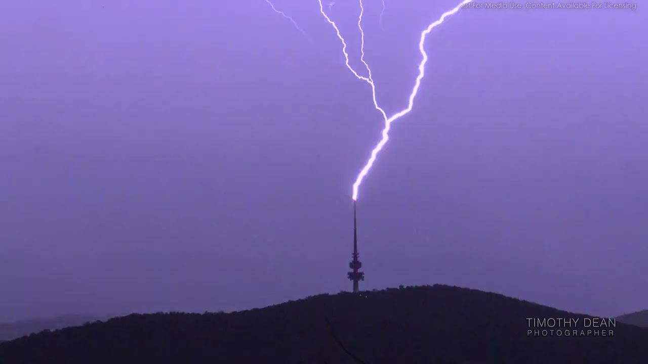 Upwards lightning captured in slow motion on The Telstra Tower