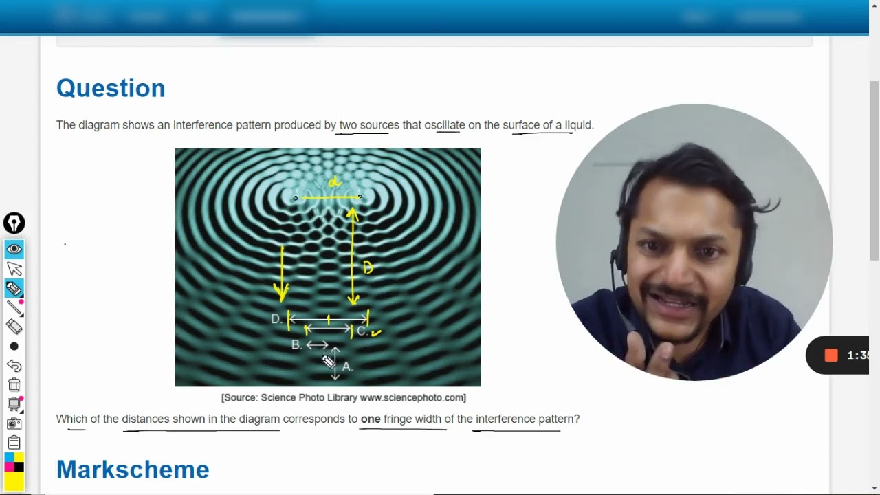 The diagram shows an interference pattern produced by two sources that oscillate on the surface