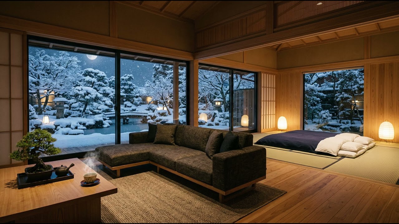 Snowy Ryokan Suite for Deep Rest – Warm Lantern Glow & Moonlit Winter Garden