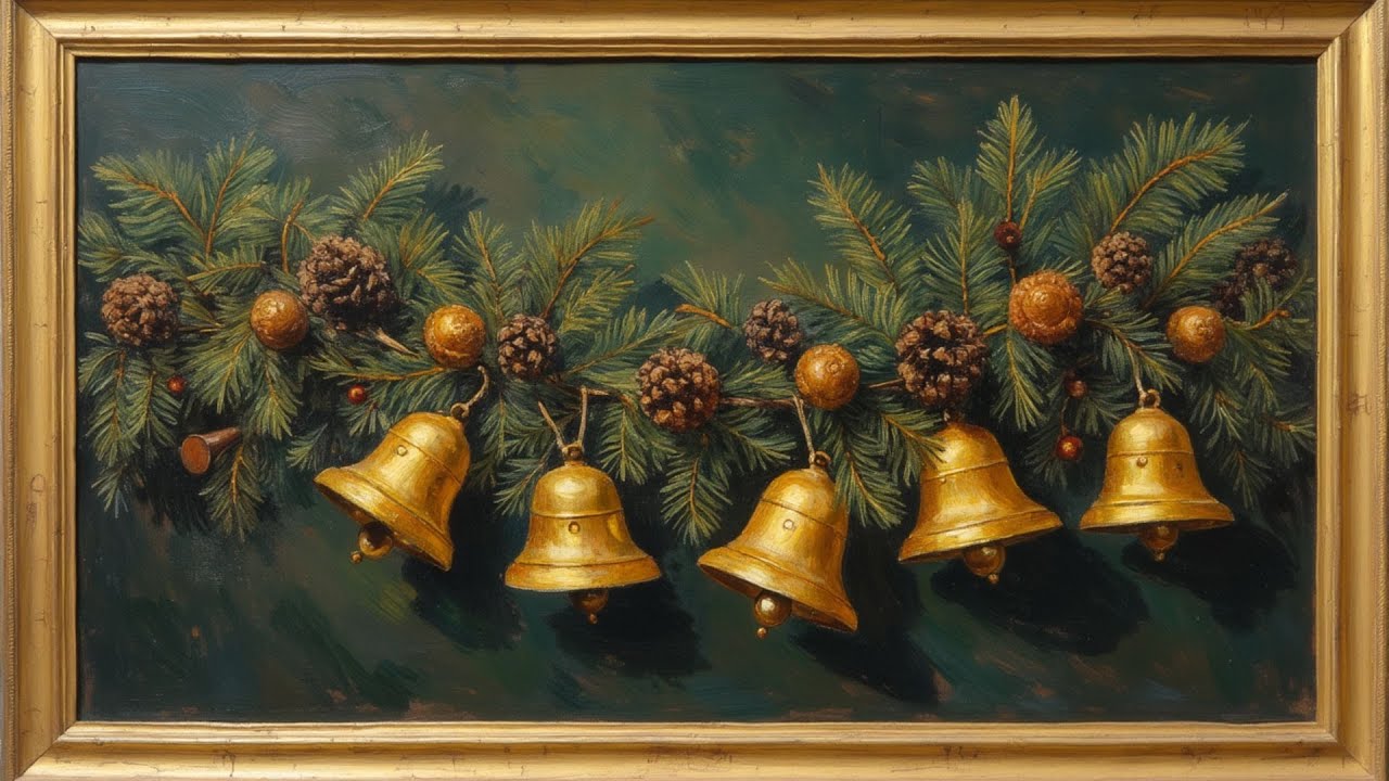 Golden Bells Christmas Evergreen Garland. Oil Painting. Holiday Party Decoration. Frame TV Art