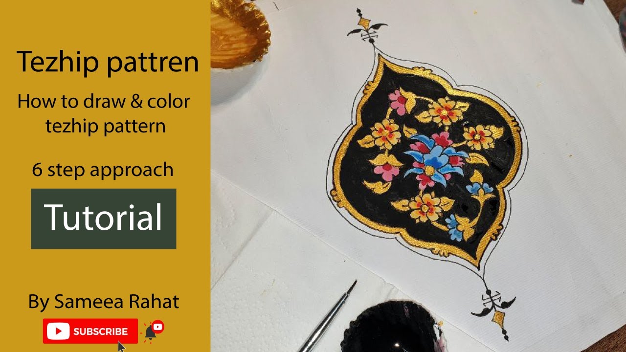 Tezhip tutorial - How to draw Turkish traditional patterns & colouring flowers using gold & acrylic.