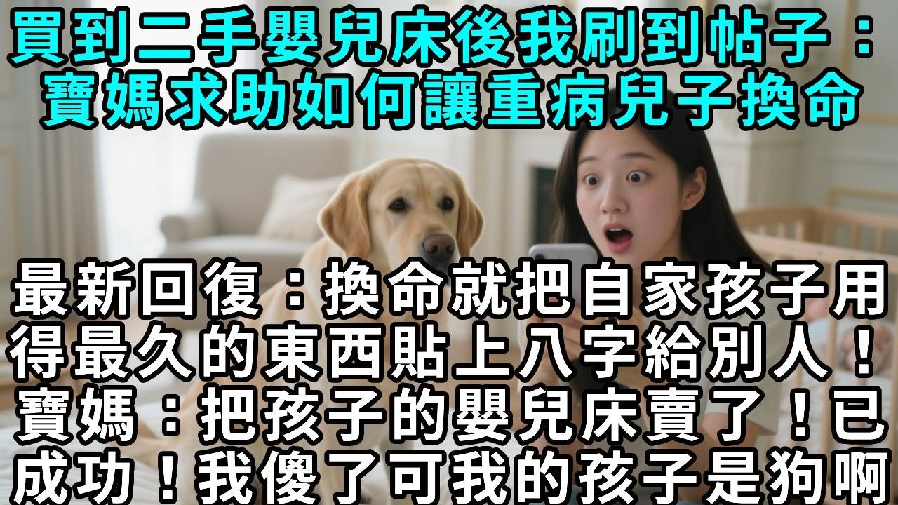 二手買到嬰兒床後，我刷到帖子：寶媽求助如何讓重病兒子換命，最新回復：想換命就把自家孩子用得最久的東西貼上八字給別人！寶媽：剛才把孩子的嬰兒床賣了！已成功！我傻了，可我的孩子是狗啊……