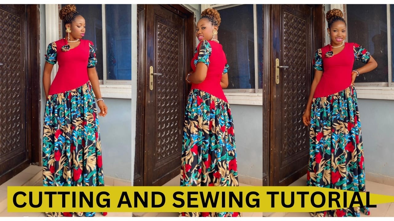How to cut and sew this Slanted/Asymmetric gathered pleated princess dart dress(Beginner Friendly)