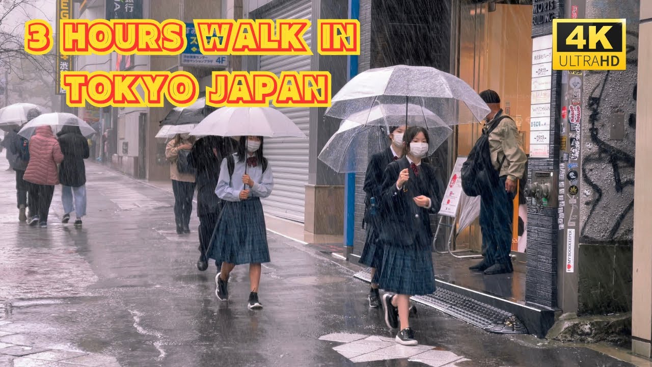 【4k hdr】 Rain Sounds ASMR |  3 Hours Heavy Rain Walk in Tokyo Japan | Relaxing Natural City ambience