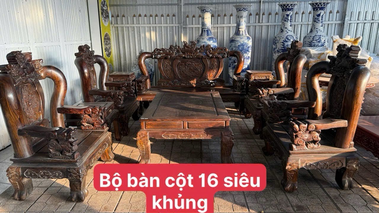 Giới thiệu bộ bàn gỗ mun cột 16 khủng, đồng hồ cẩm lai, bình phong gỗ trắc, tranh thờ, đồ xưa Mekong