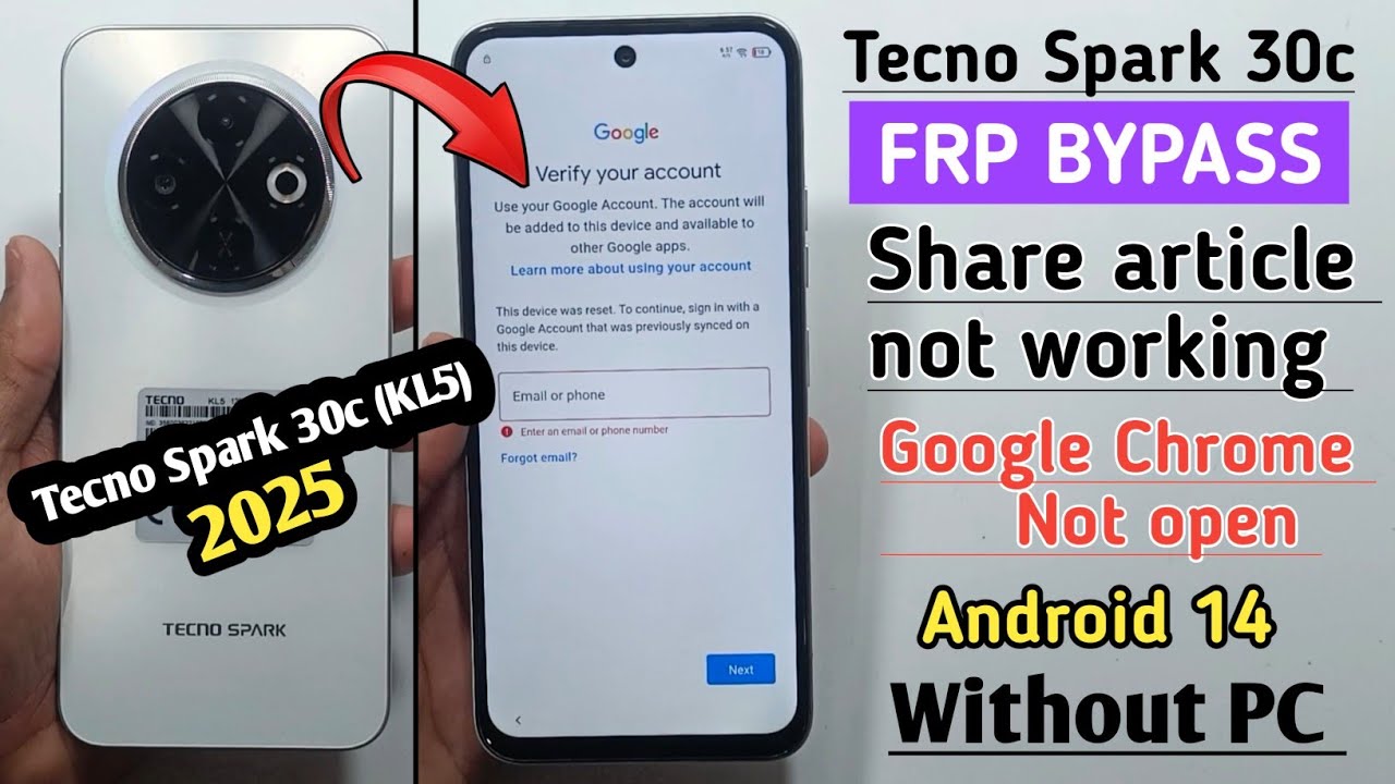 Tecno Spark 30c (KL5) Frp Bypass/Unlock Android 14 - Fix Share Article Not Working 2025  Without PC