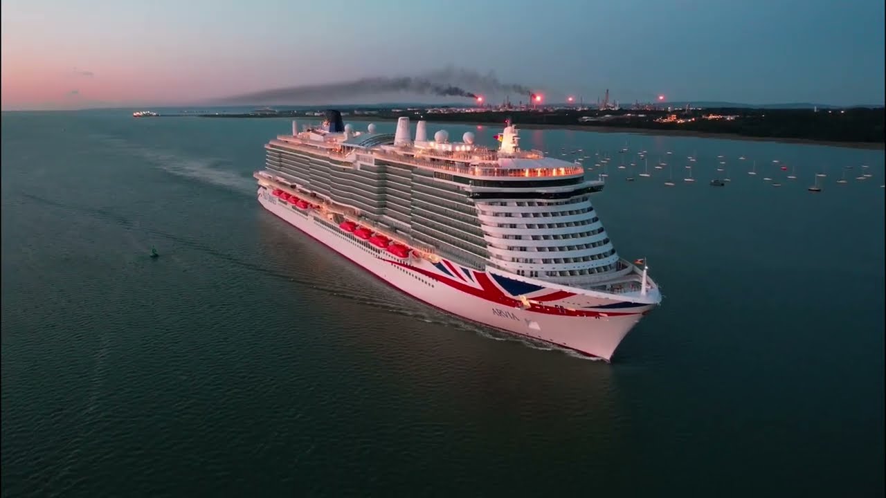 P&O Arvia cruise ship Southampton arrival 6th August 2023 4k drone footage